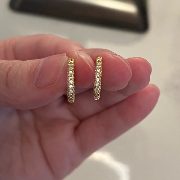 Gold Diamond Huggie Hoop Earrings - Picture 3 of 6